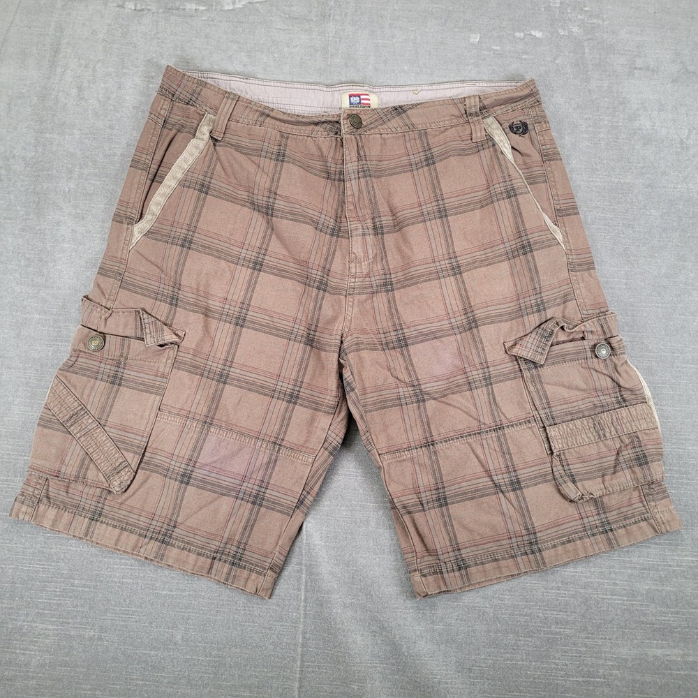 Phat Farm Y2K Mens‎ Plaid Cargo Shorts Size 36 Waist Tan Baggy